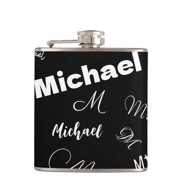 Your name and monogram custom pattern black flask (Front)