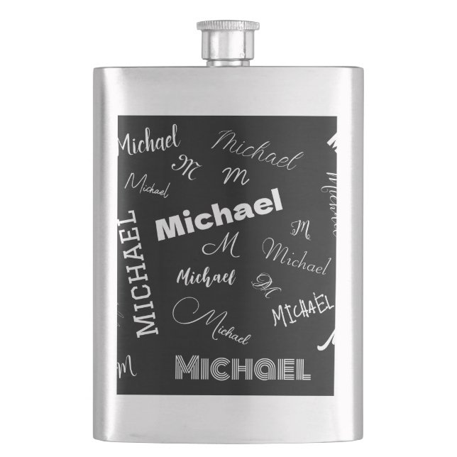 Your name and monogram custom pattern black flask (Front)