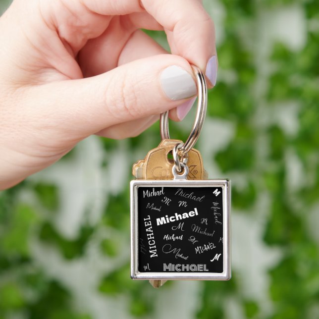 Your name and monogram custom pattern black keychain (Hand)