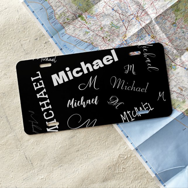 Your name and monogram custom pattern black license plate (In Situ)