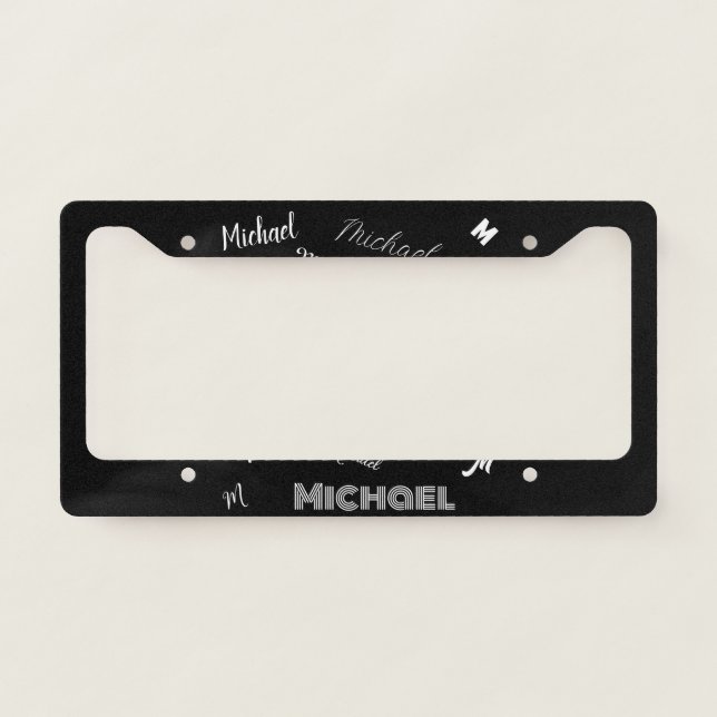 Your name and monogram custom pattern black license plate frame (Front)