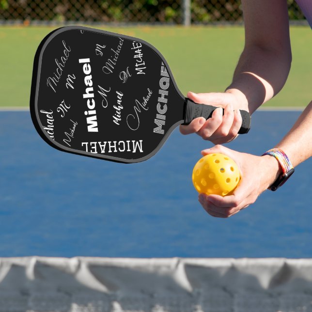 Your name and monogram custom pattern black pickleball paddle (Insitu)