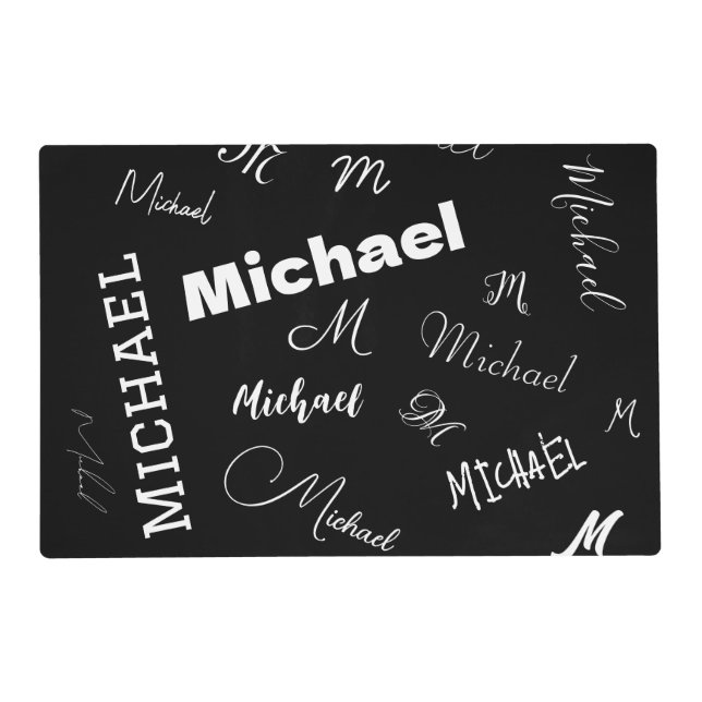 Your name and monogram custom pattern black placemat (Front)