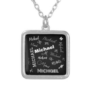 Your name and monogram custom pattern black silver plated necklace