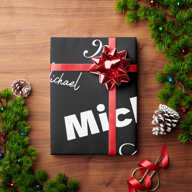 Your name and monogram custom pattern black wrapping paper (Holiday Gift)