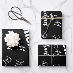 Your name and monogram custom pattern black wrapping paper sheets