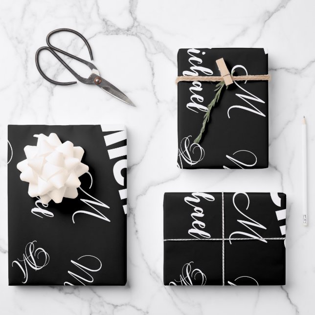 Your name and monogram custom pattern black wrapping paper sheets (Front)