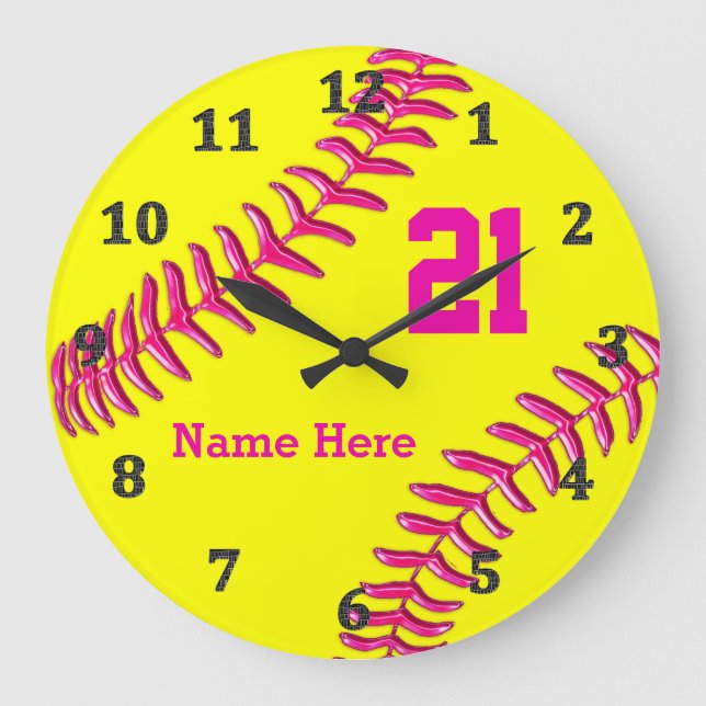 YOUR NAME and NUMBER on Cool Softball Wall Clocks (Front)