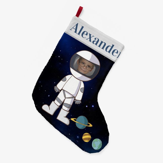 Your Name and Photo Astronaut Outer Space  Large Christmas Stocking (Front (Hanging))