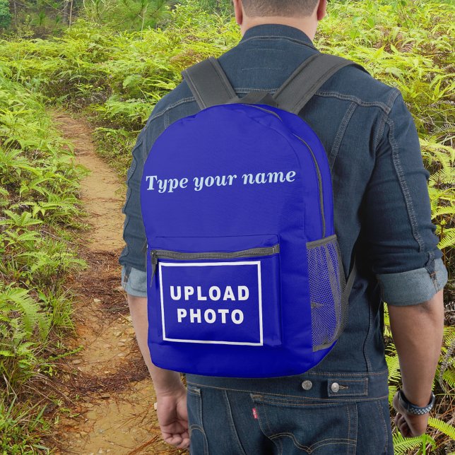 Your Name and Photo on Blue Backpack (Blue backpack with your name and photo on male model.)