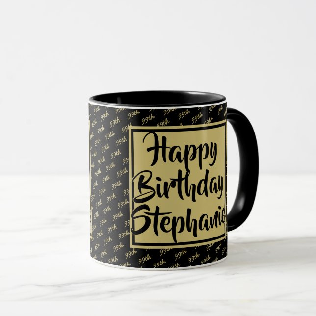 Your Name Any Age Random Number Pattern Black/Gold Mug (Front Right)