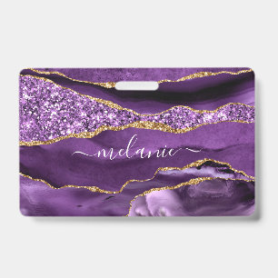 Your Name Badge Agate Purple Violet Gold Marble
