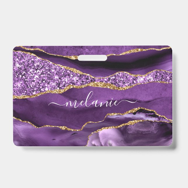 Your Name Badge Agate Purple Violet Gold Marble (Front)