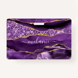 Your Name Badge Agate Purple Violet Gold Marble