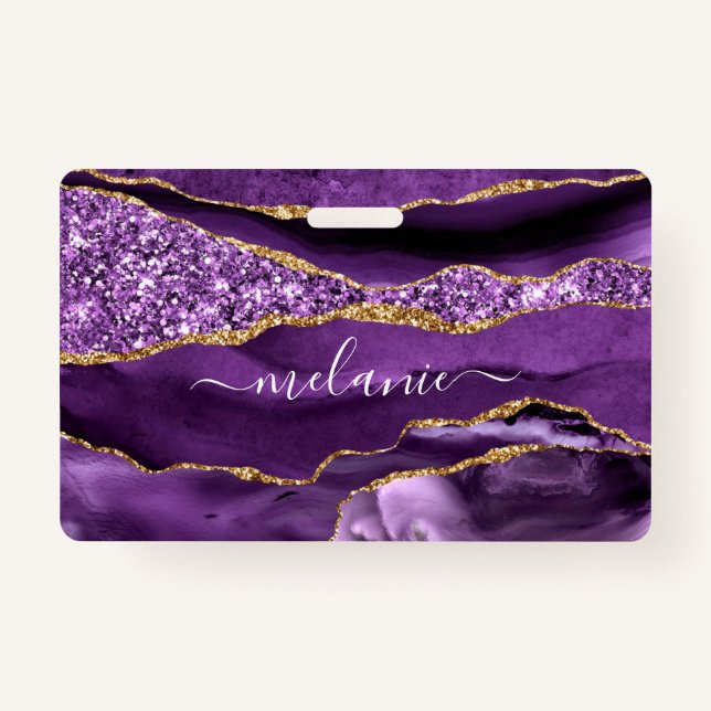 Your Name Badge Agate Purple Violet Gold Marble (Front)