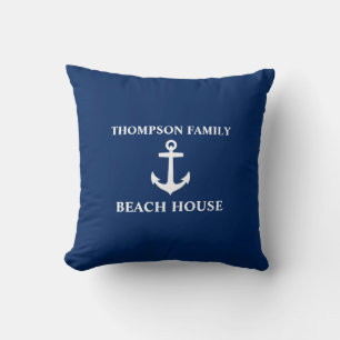 Your Name Beach House Anchor Blue Throw Pillow