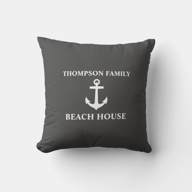 Your Name Beach House Anchor Gray Throw Pillow (Front)