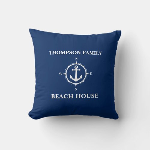 Your Name Beach House Compass Anchor Blue Throw Pillow