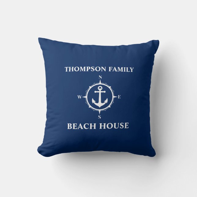 Your Name Beach House Compass Anchor Blue Throw Pillow (Front)