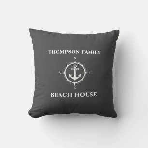 Your Name Beach House Compass Anchor Gray Throw Pillow