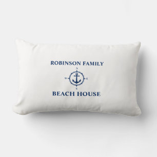Your Name Beach House Compass Anchor White Lumbar Pillow