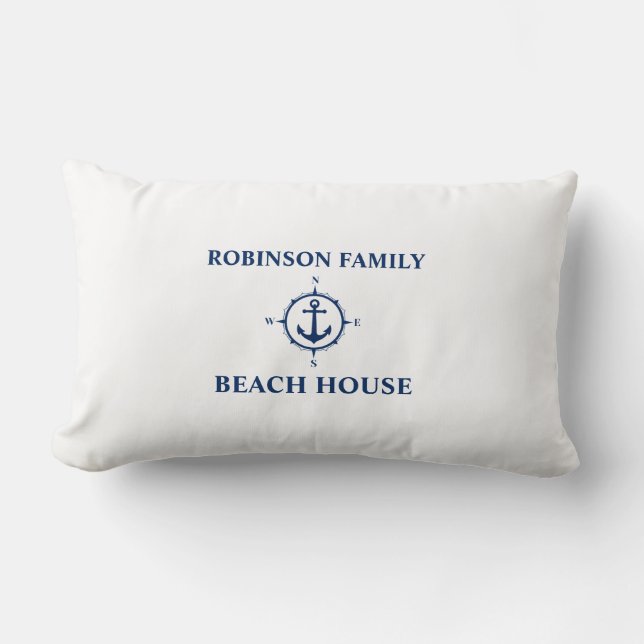 Your Name Beach House Compass Anchor White Lumbar Pillow (Front)