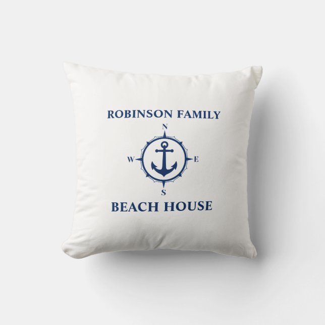 Your Name Beach House Compass Anchor White Throw Pillow (Front)