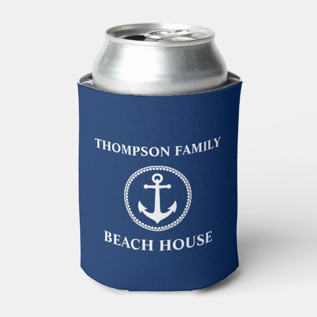 Your Name Beach House Sea Anchor Blue Can Cooler (Can Front)