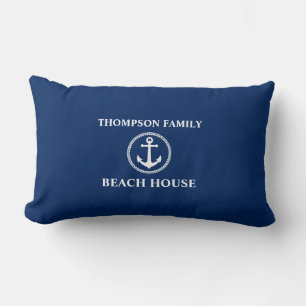 Your Name Beach House Sea Anchor Blue Lumbar Pillow