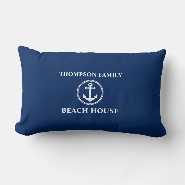 Your Name Beach House Sea Anchor Blue Lumbar Pillow (Front)