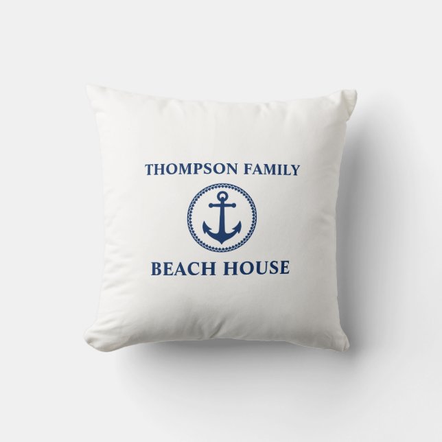 Your Name Beach House Sea Anchor Navy Blue White Throw Pillow (Front)