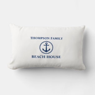 Your Name Beach House Sea Anchor Navy on White Lumbar Pillow
