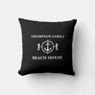 Your Name Beach House Seahorse Anchor Black sh0a Throw Pillow