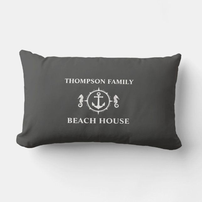 Your Name Beach House Seahorse Anchor Gray sh0a Lumbar Pillow (Front)