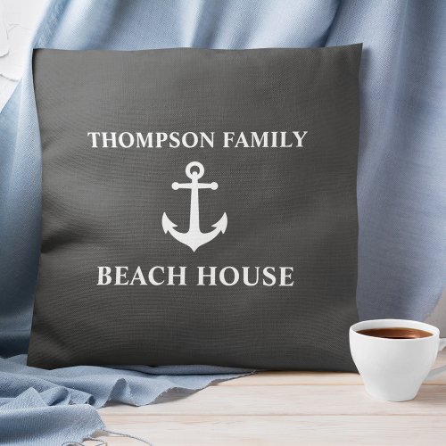Your Name Beach House Vintage Anchor Ash Gray Throw Pillow