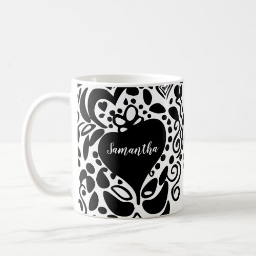 Your Name Black  White hearts leaves pattern Coffee Mug