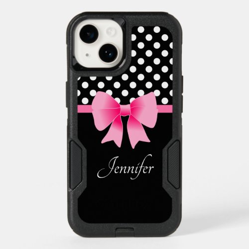 Your Name Black  White Polka Dot Pattern Pink Bow OtterBox iPhone 14 Case