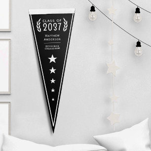 Your Name Black White Stars Laurel Leaves Grad Pennant Flag
