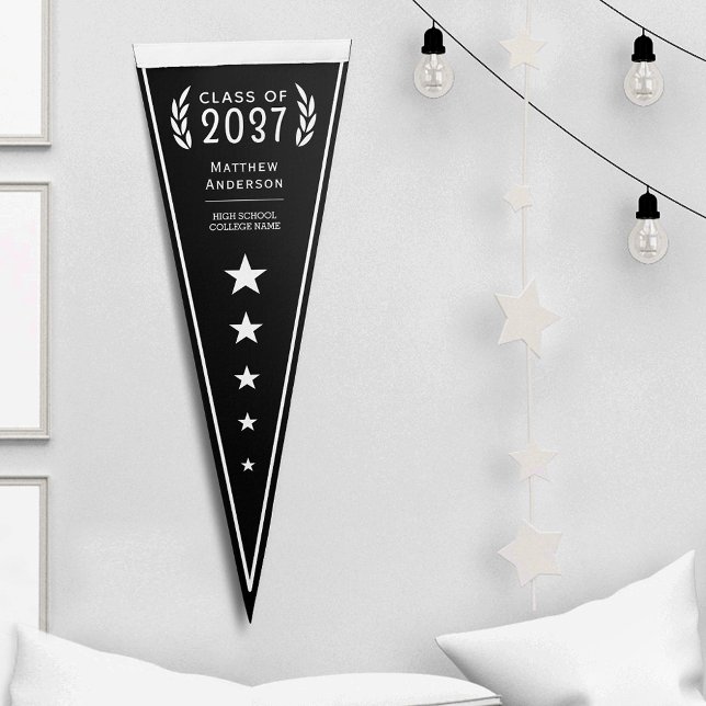 Your Name Black White Stars Laurel Leaves Grad Pennant Flag (Creator Uploaded)
