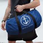 Your Name Boat or Port Nautical Sea Anchor Blue Duffle Bag<br><div class="desc">A nautical themed travel duffle with your personalized name, boat name, favorite sailing location, port or other desired text. This stylish modern design features a custom boat anchor highlighted by a ring of diamonds in white. The bags rich navy blue color can easily be changed to any desired color if...</div>