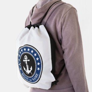 Your Name Boat or Text Nautical Anchor Rope Stars Drawstring Bag