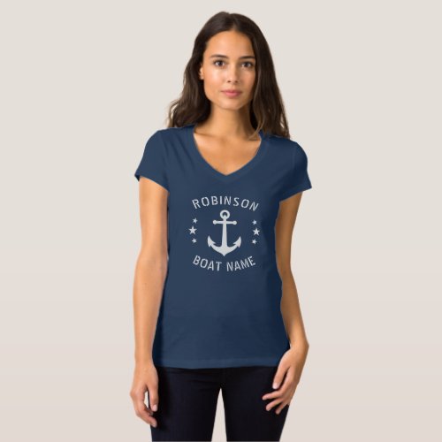 Your Name  Boat Vintage Anchor Stars Navy  White T_Shirt