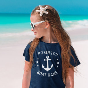 Your Name & Boat Vintage Anchor Stars Navy & White T-Shirt