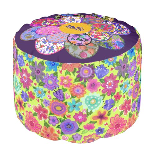 Your Name Boho Quilted Flower Cute Pouf