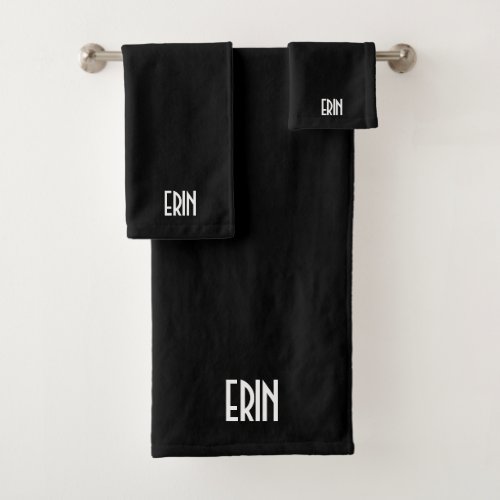 Your Name Bold White Text  Black Bath Towel Set