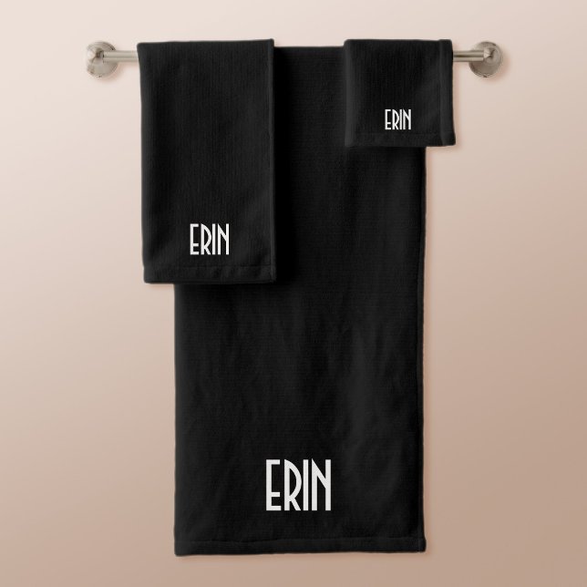 Your Name, Bold White Text | Black Bath Towel Set (Creator Uploaded)