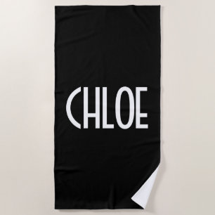 Your Name, Bold White Text Black Beach Towel