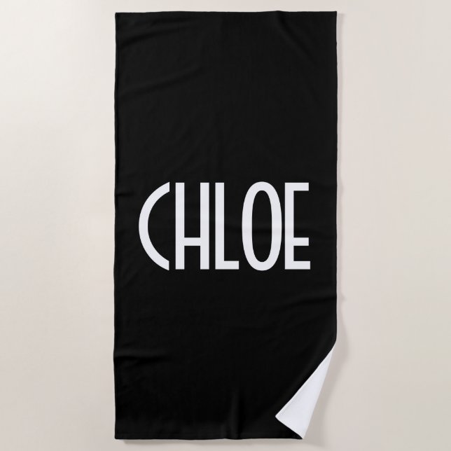Your Name, Bold White Text | Black Beach Towel (Front)