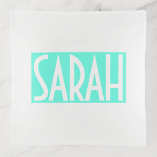 Your Name   Bold White Text on Bright Aqua Trinket Tray