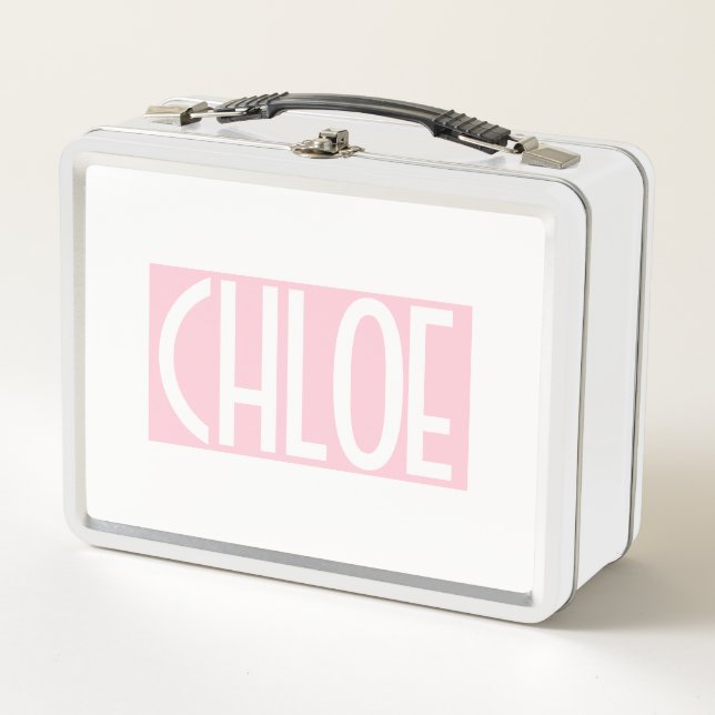 Your Name | Bold White Text on Light Pink Metal Lunch Box (Front)